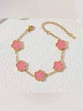 Gold-Plated Pink Flower Link Bracelet - Women Jewelry